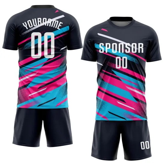 Custom Navy White Pink-Light Blue Sublimation Soccer Uniform Jersey - Image 2