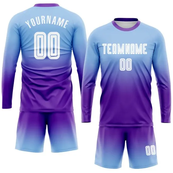 Custom Light Blue White-Purple Sublimation Long Sleeve Fade Fashion Soccer Uniform Jersey - Image 2