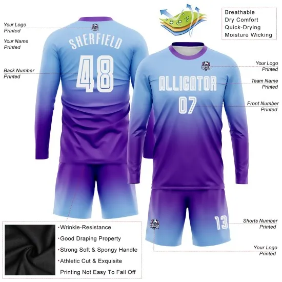 Custom Light Blue White-Purple Sublimation Long Sleeve Fade Fashion Soccer Uniform Jersey - Image 3
