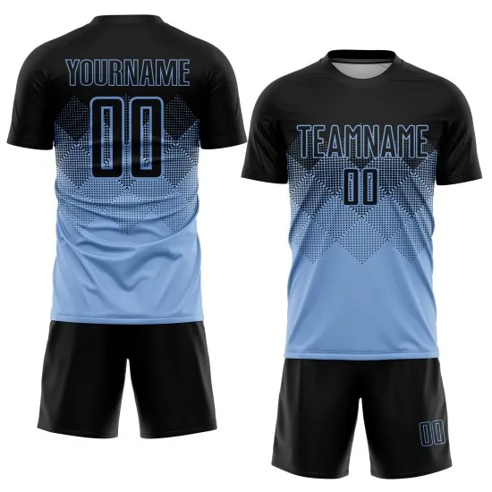 Custom Light Blue Black Sublimation Soccer Uniform Jersey - Image 2