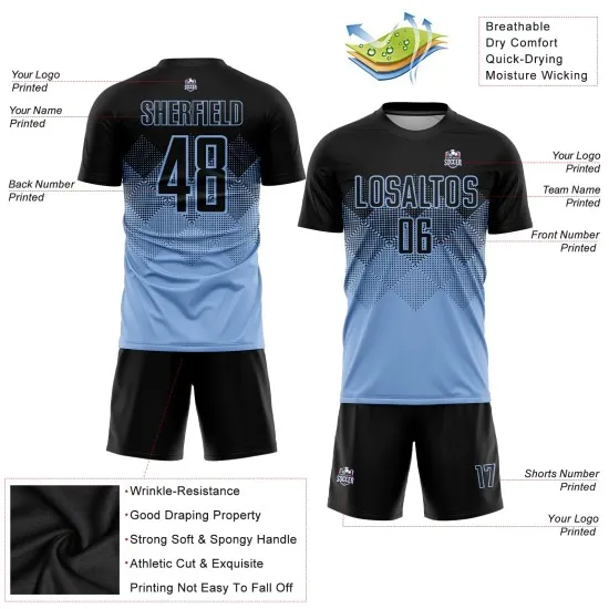 Custom Light Blue Black Sublimation Soccer Uniform Jersey - Image 3