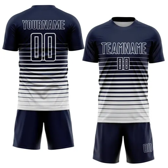 Custom Navy White Pinstripe Fade Fashion Sublimation Soccer Uniform Jersey - Image 2