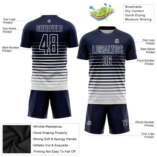 Custom Navy White Pinstripe Fade Fashion Sublimation Soccer Uniform Jersey - Image 3