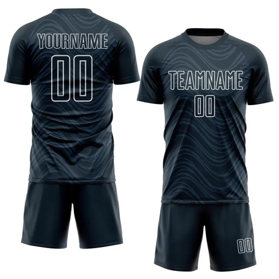 Custom Navy White Wavy Lines Sublimation Soccer Uniform Jersey - Image 2