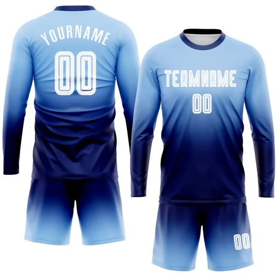 Custom Light Blue White-Navy Sublimation Long Sleeve Fade Fashion Soccer Uniform Jersey - Image 2