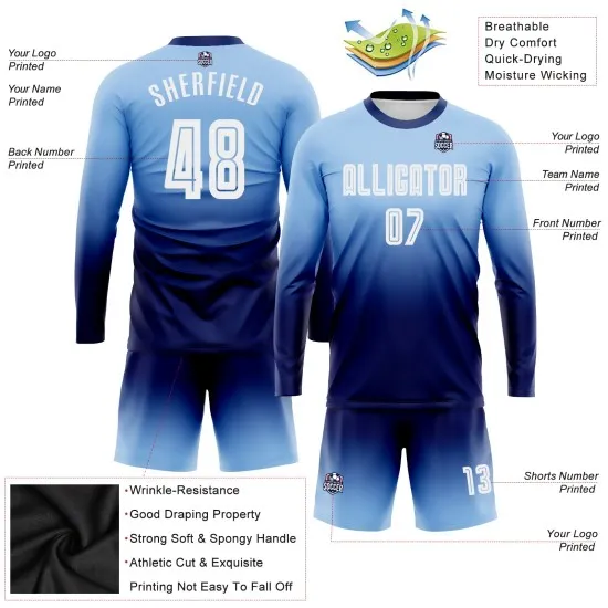 Custom Light Blue White-Navy Sublimation Long Sleeve Fade Fashion Soccer Uniform Jersey - Image 3