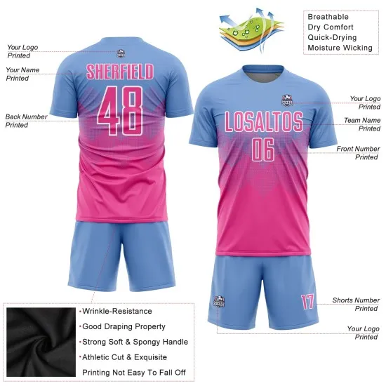 Custom Light Blue Pink-White Sublimation Soccer Uniform Jersey - Image 3