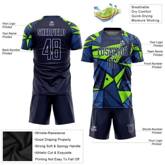 Custom Navy Navy-Neon Green Sublimation Soccer Uniform Jersey - Image 5