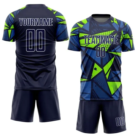 Custom Navy Navy-Neon Green Sublimation Soccer Uniform Jersey - Image 2